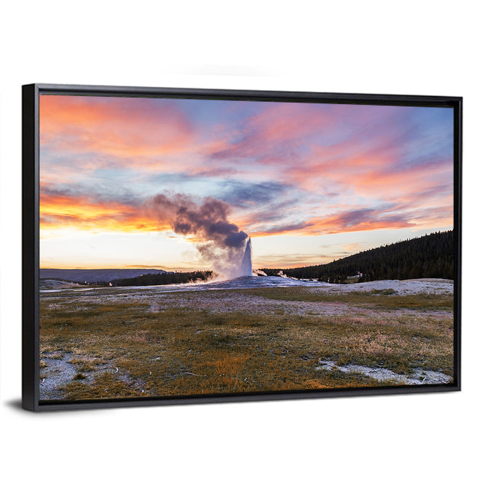 Old Faithful Erupting at Sunset Wall Art as a framed canvas