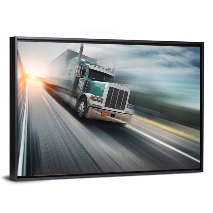 American Semi Truck in Motion Wall Art as a framed canvas