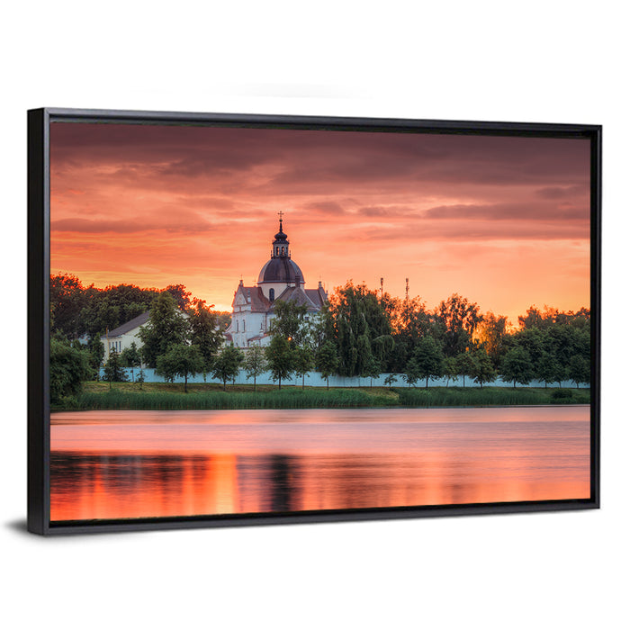 Corpus Christi Church Sunset Reflection Wall Art as a framed canvas