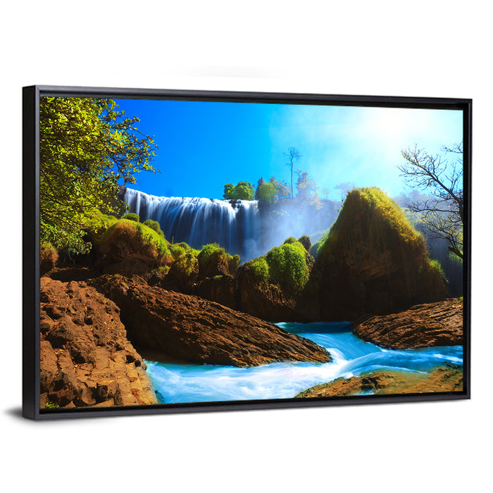 Sunlit Turquoise Waterfall Wall Art as a framed canvas