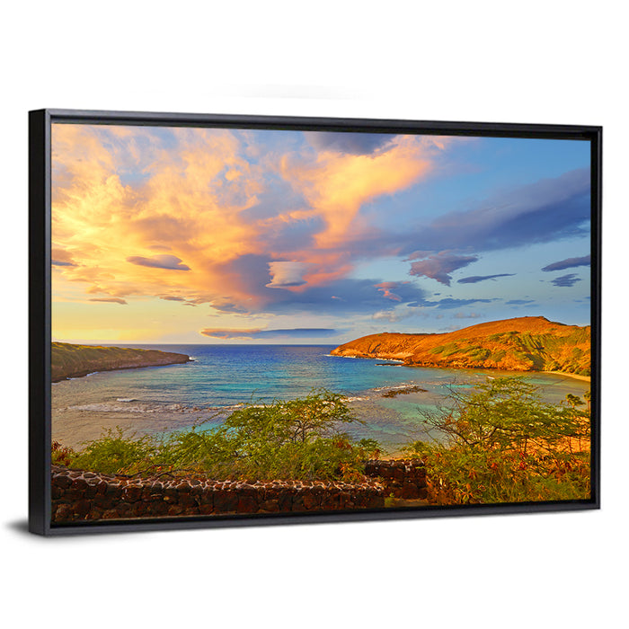 Hanauma Bay Golden Hour Wall Art as a framed canvas