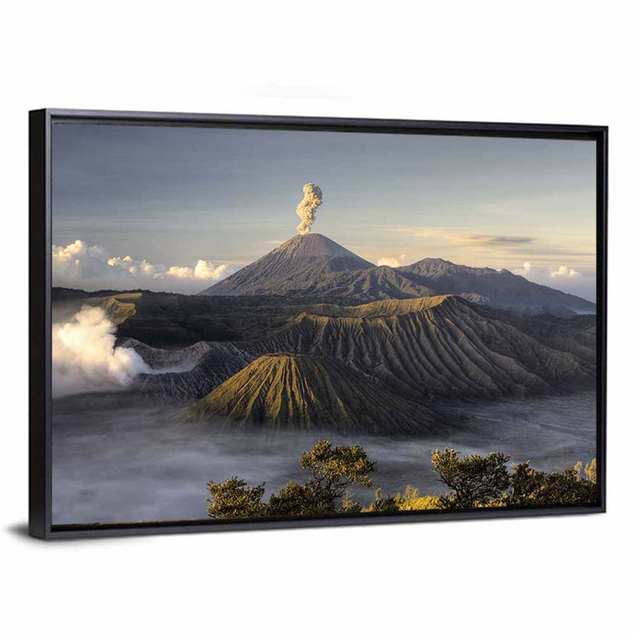 Mount Bromo Eruption at Sunrise Wall Art as a framed canvas
