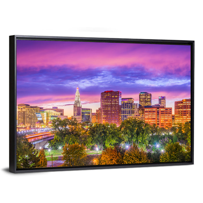 Hartford Skyline at Dusk Wall Art as a framed canvas