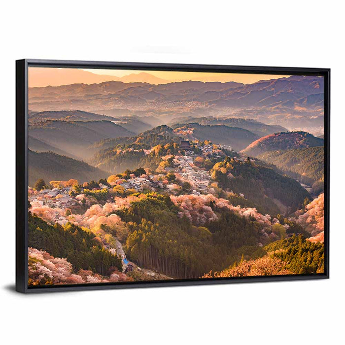 Mount Yoshino Cherry Blossom Valley Wall Art as a framed canvas