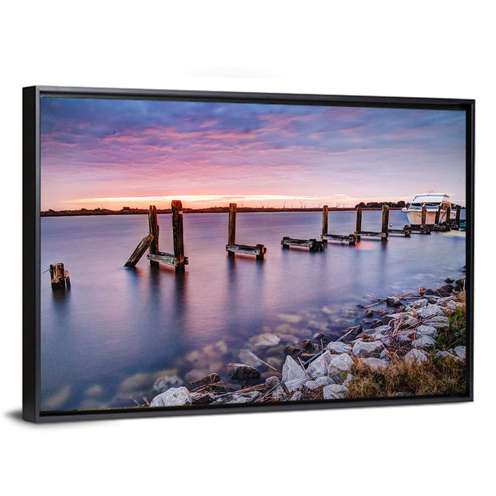 Bayou Lafourche Dock Sunrise Wall Art as a framed canvas