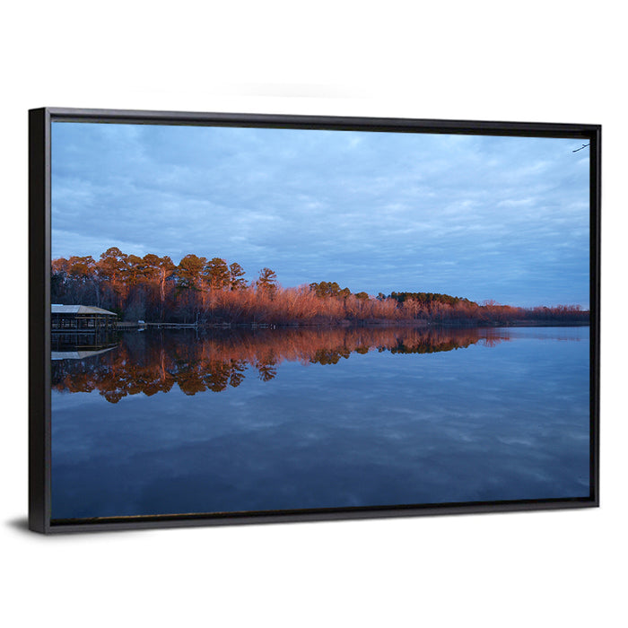 Lake Livingston Pier at Golden Hour Wall Art as a framed canvas