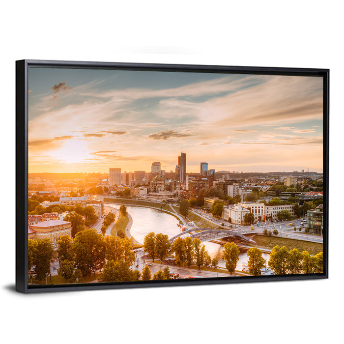 Vilnius Skyline at Golden Hour Wall Art as a framed canvas