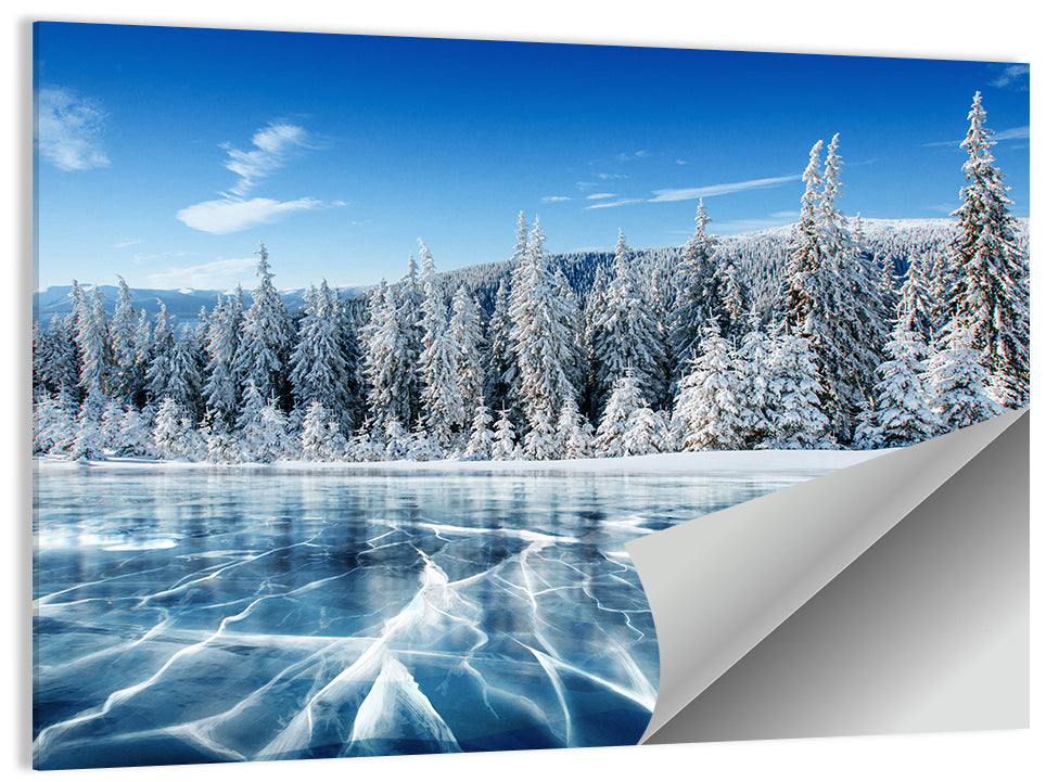 Cracked Ice Lake with Snowy Pines Wall Art