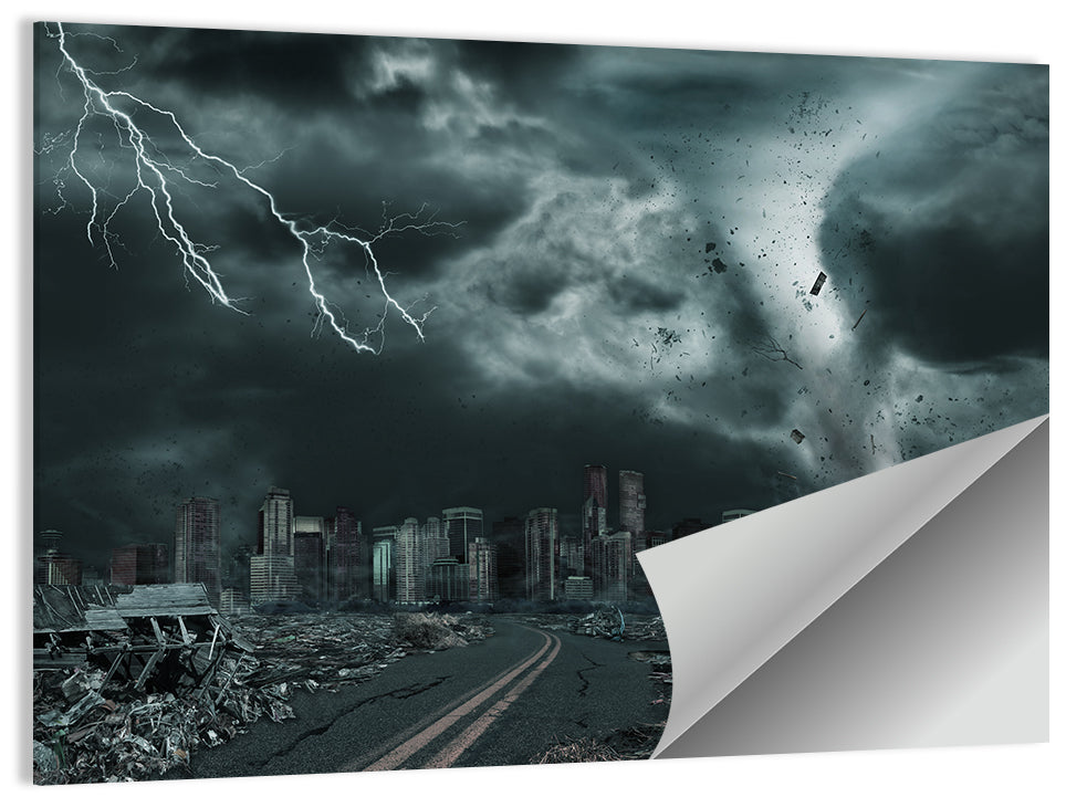 Tornado Over Destroyed City Skyline Wall Art