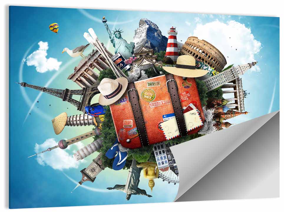Suitcase and World Landmarks Montage Wall Art