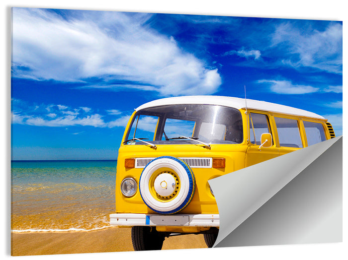 Yellow Vintage Van on Beach Wall Art as a poster print