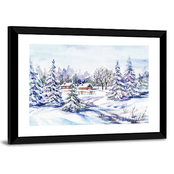 Snowy Village Path Wall Art as a framed print
