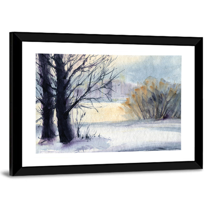 Bare Trees Winter Watercolor Wall Art as a framed print