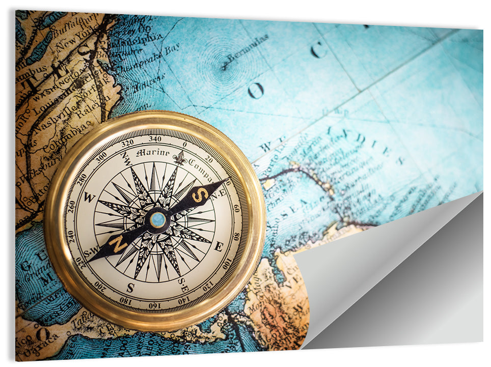Vintage Compass Over Atlantic Map Wall Art