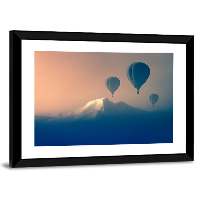 Three Hot Air Balloons Over Misty Peak Wall Art as a framed print