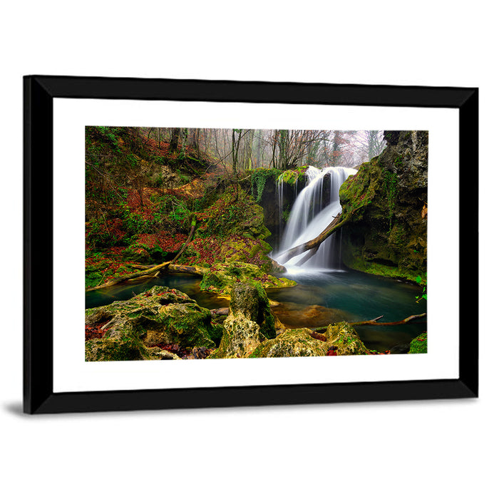 Cheile Nerei Mossy Waterfall Wall Art as a framed print