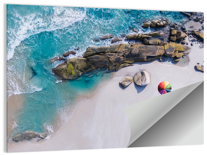 Aerial Beach with Rainbow Umbrella Wall Art as a poster print