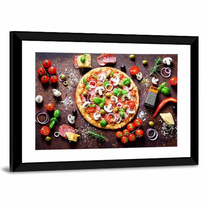 Rustic Italian Pizza Flat Lay Wall Art as a framed print