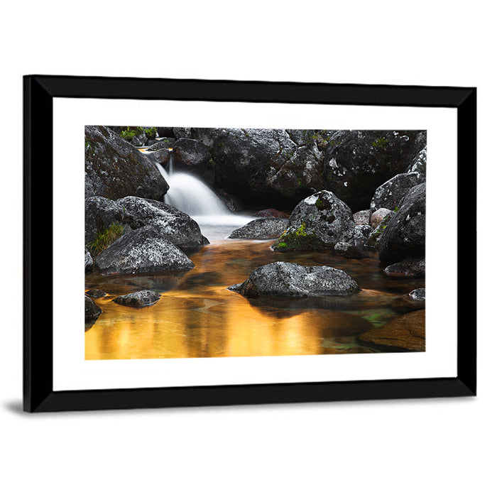 Golden Stream Waterfall Wall Art as a framed print