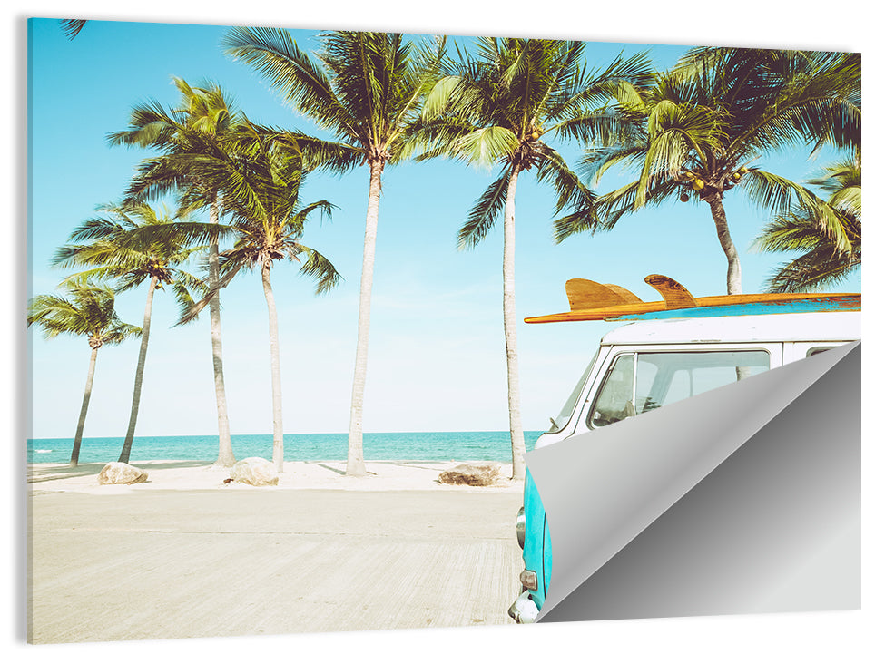 Vintage Vw Bus on Tropical Beach Wall Art