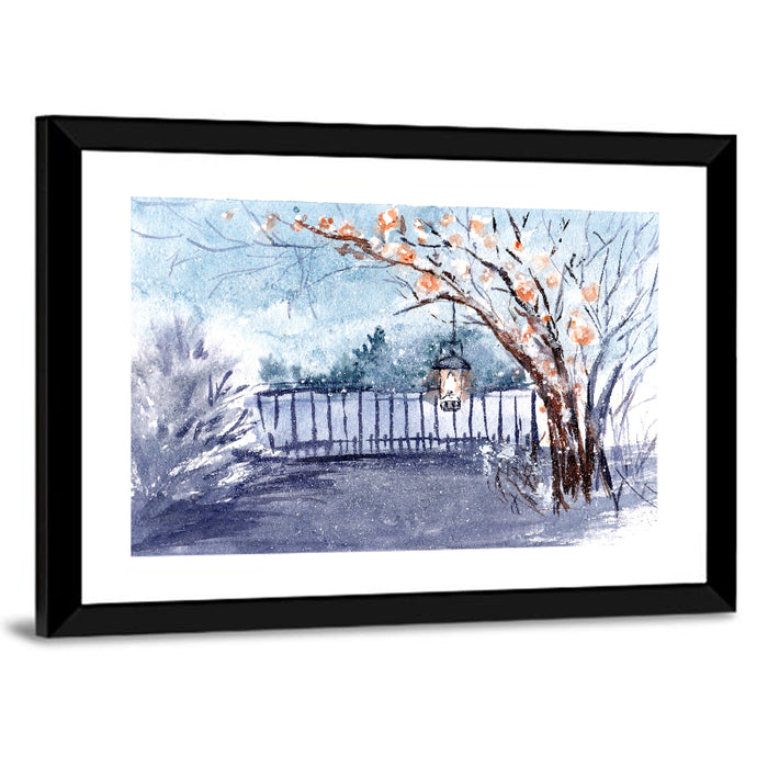 Countryside Winter Lantern Illustration Wall Art as a framed print