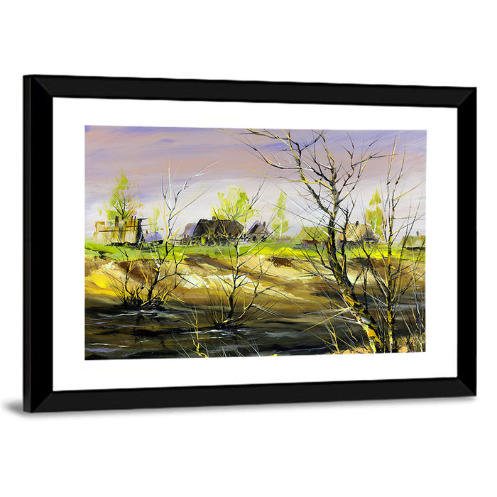 Riverside Summer Village Wall Art as a framed print