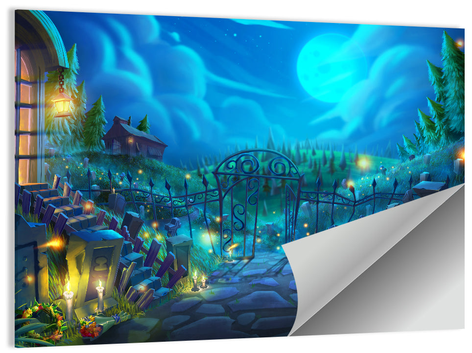 Halloween Cemetery Gate Illustration Wall Art