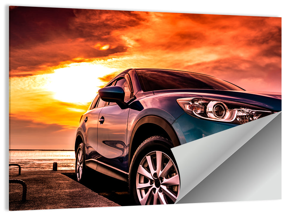 Suv on Pier at Sunset Wall Art