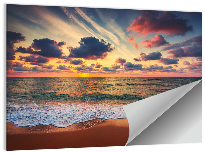 Golden Hour Beach Waves Under Cloudy Sky Wall Art as a poster print