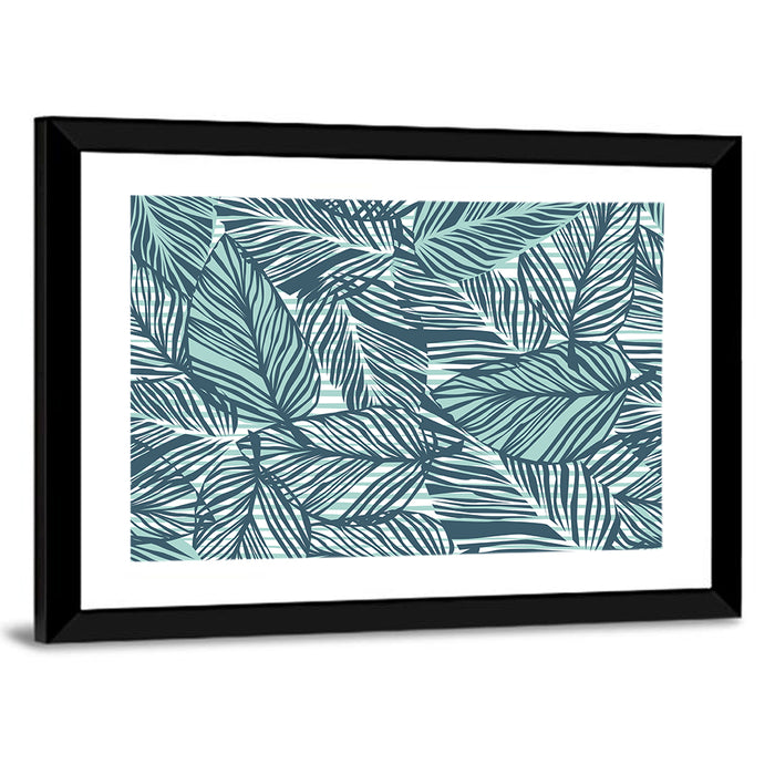 Striped Blue Palm Leaves Pattern Wall Art as a framed print