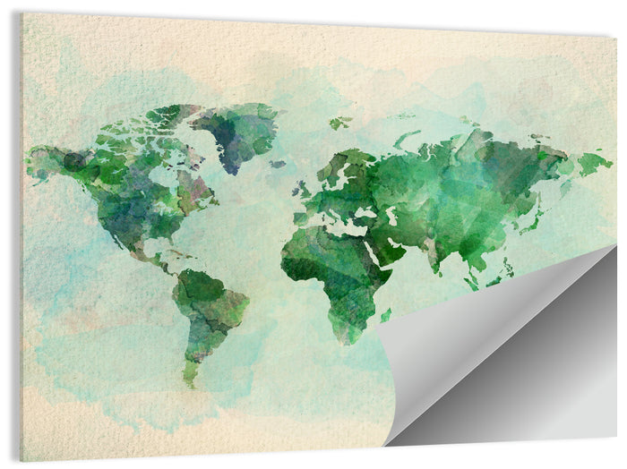 Green Watercolor World Map Wall Art as a poster print