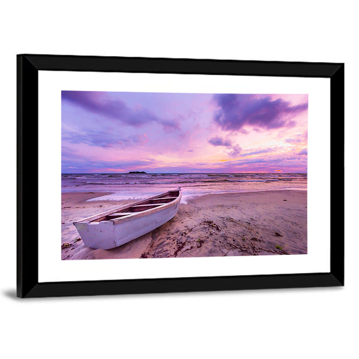 Boat at Lake Malawi Sunset Wall Art as a framed print