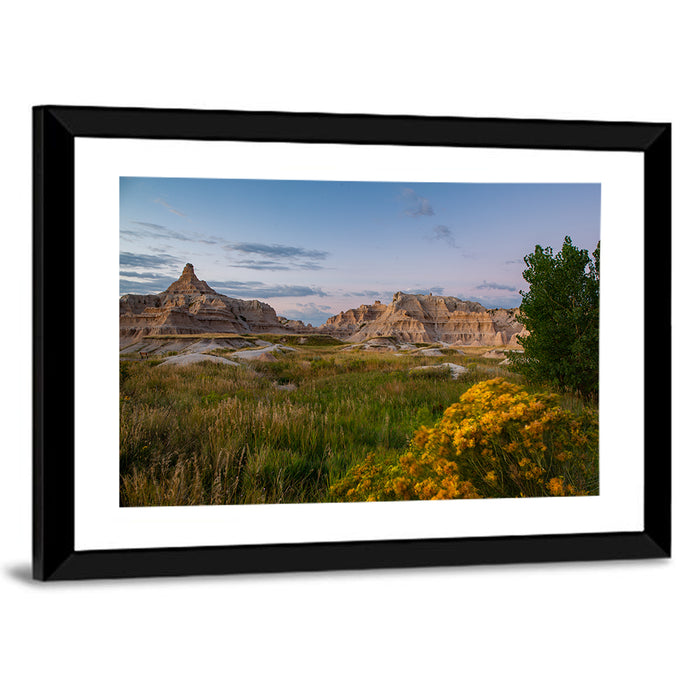 Badlands Golden Hour Meadow Wall Art as a framed print
