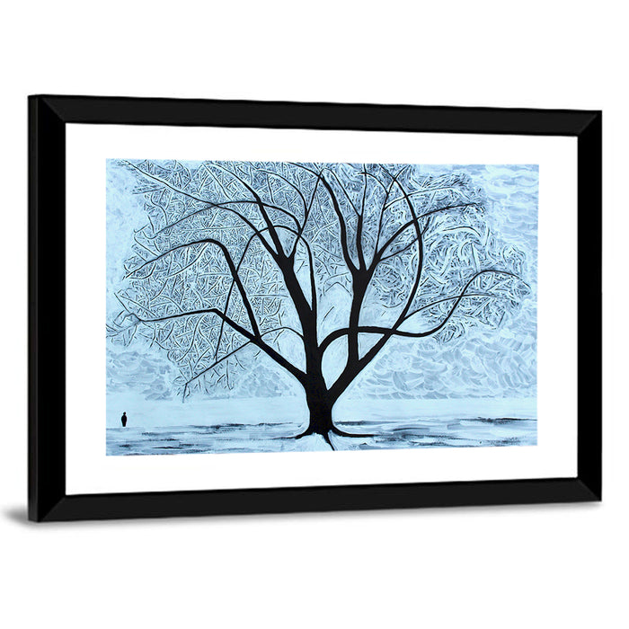 Snow Covered Tree Silhouette Wall Art as a framed print