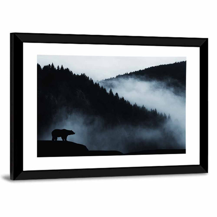 Bear Silhouette on Misty Cliff Wall Art as a framed print