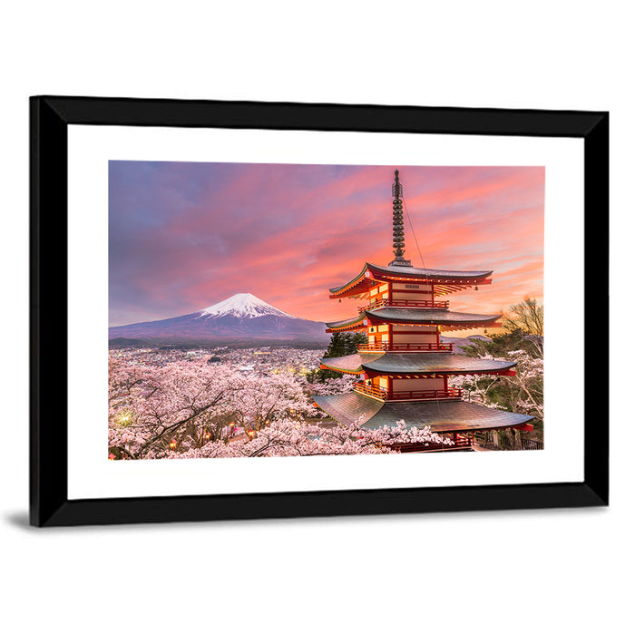 Chureito Pagoda and Mount Fuji at Sunset Wall Art as a framed print