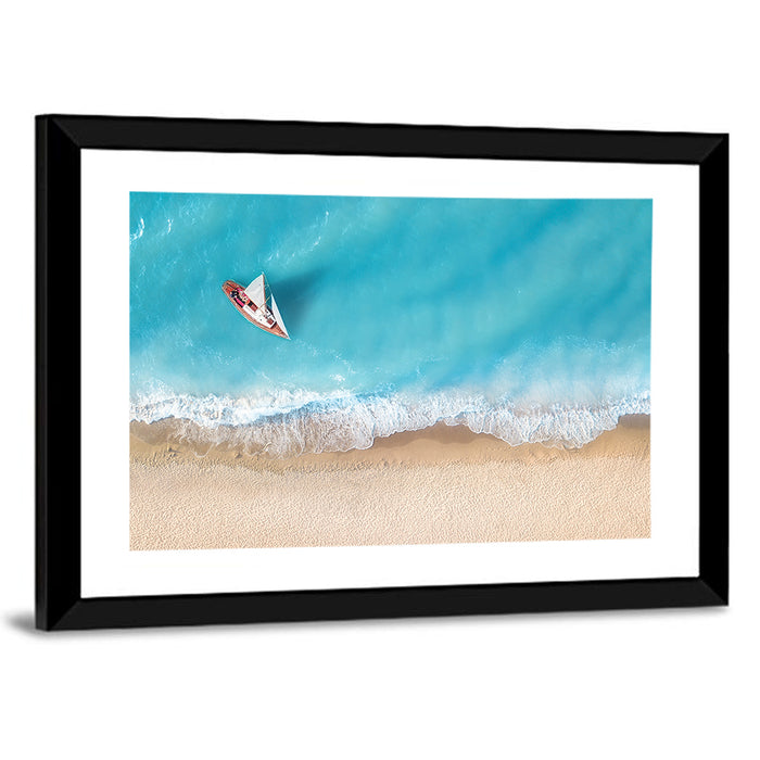 Centered Sailboat Over Turquoise Sea Wall Art as a framed print