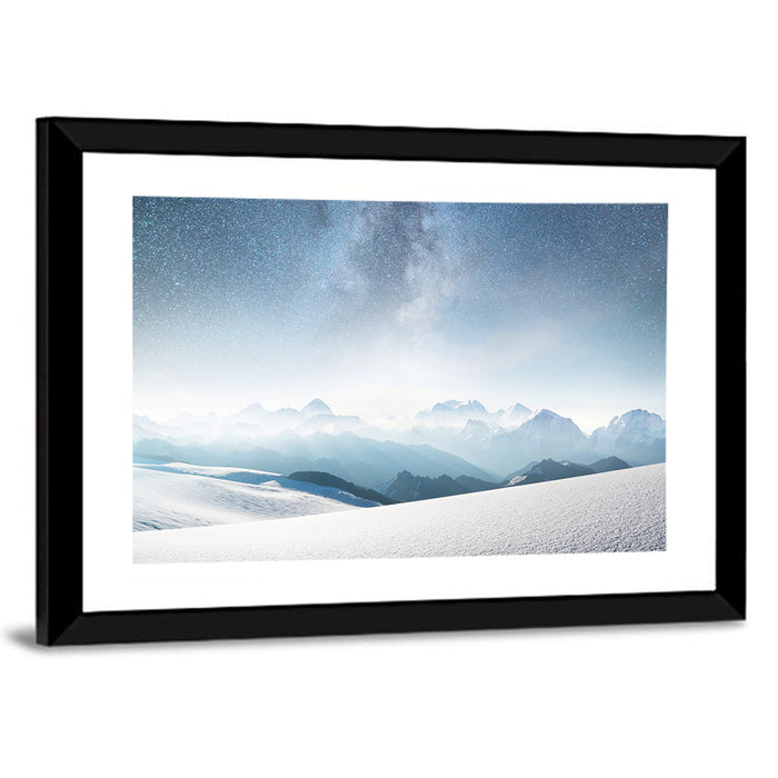 Starry Milky Way Over Snowy Peaks Wall Art as a framed print