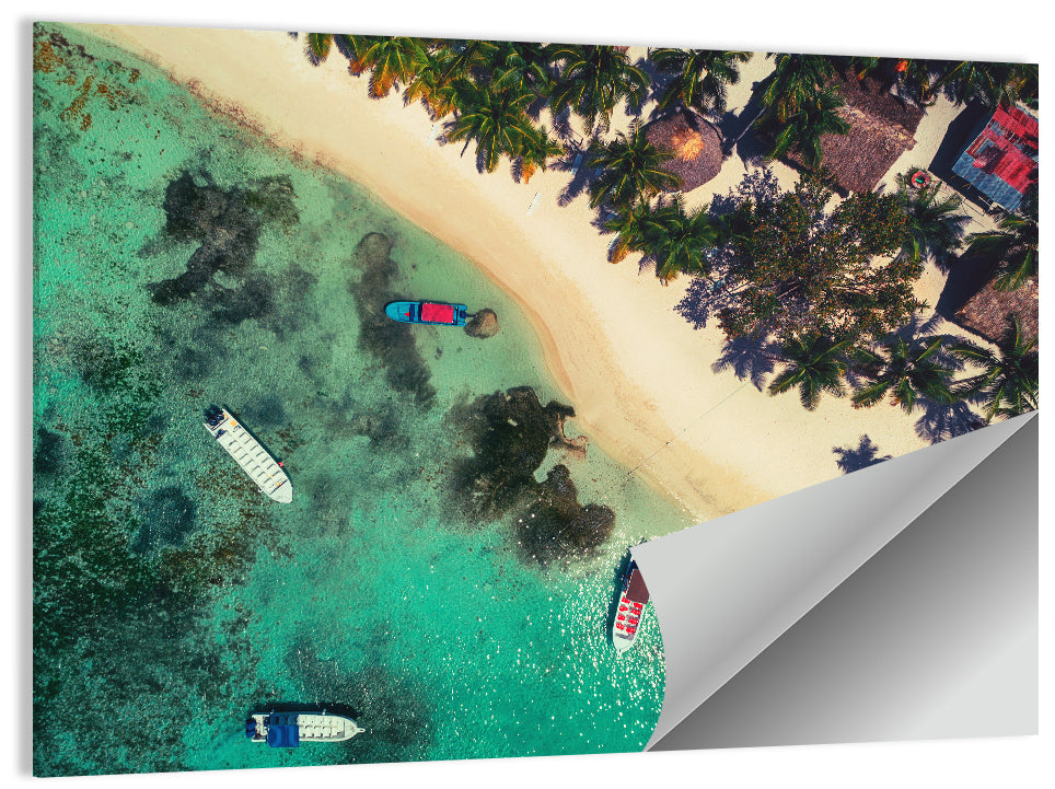 Aerial Tropical Shoreline with Six Boats Wall Art