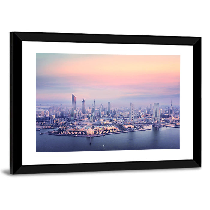 Kuwait City Twilight Skyline Wall Art as a framed print