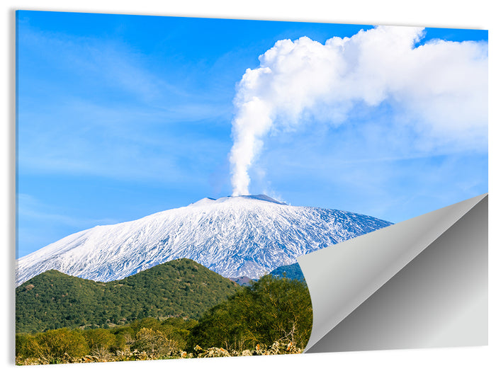 Snow-capped Mount Etna with Volcanic Plume Wall Art as a poster print