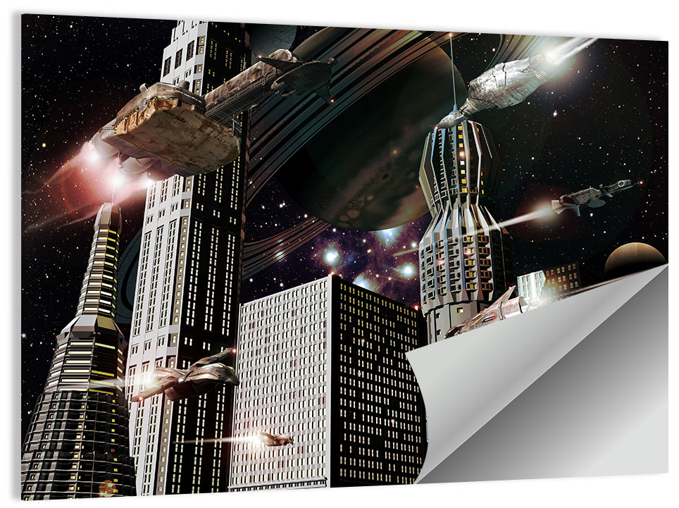 Ringed Planet Cityscape Wall Art