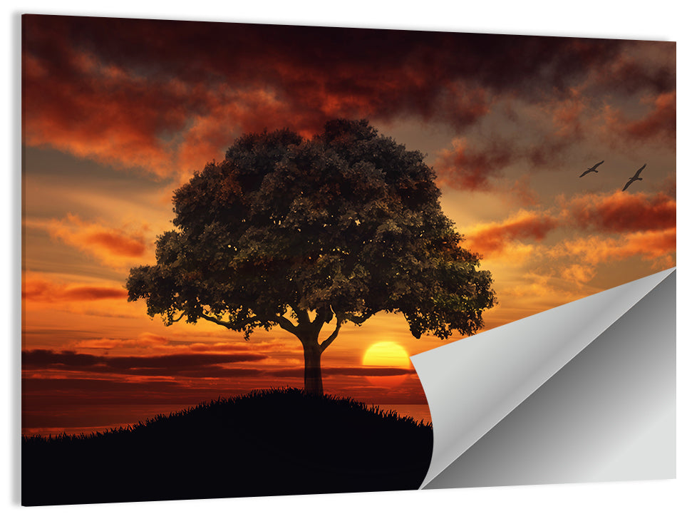Lone Tree at Sunset with Birds Wall Art