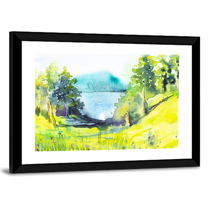 Summer Lakeside Forest Illustration Wall Art as a framed print