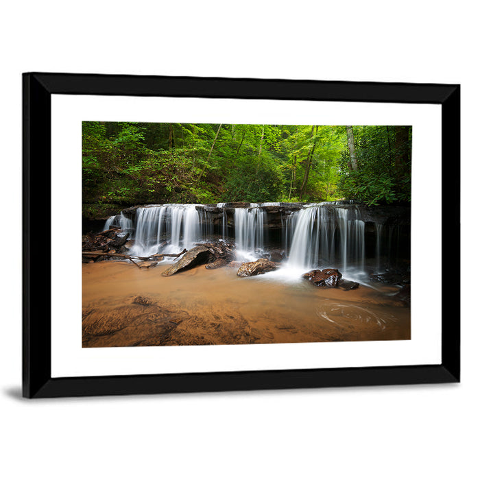 Lush Green Forest Waterfall Wall Art as a framed print
