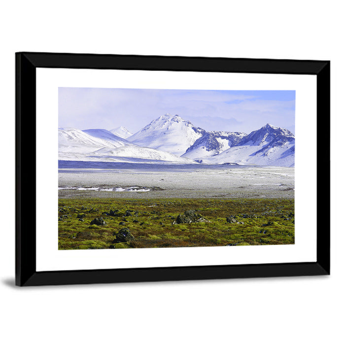 Icelandic Snow and Moss Landscape Wall Art as a framed print