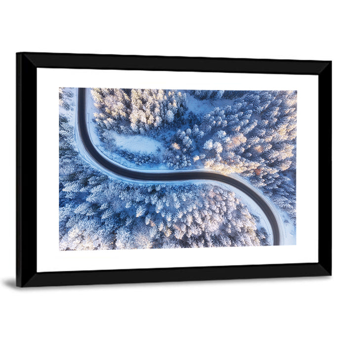 Snowy Forest Road at Golden Hour Wall Art as a framed print