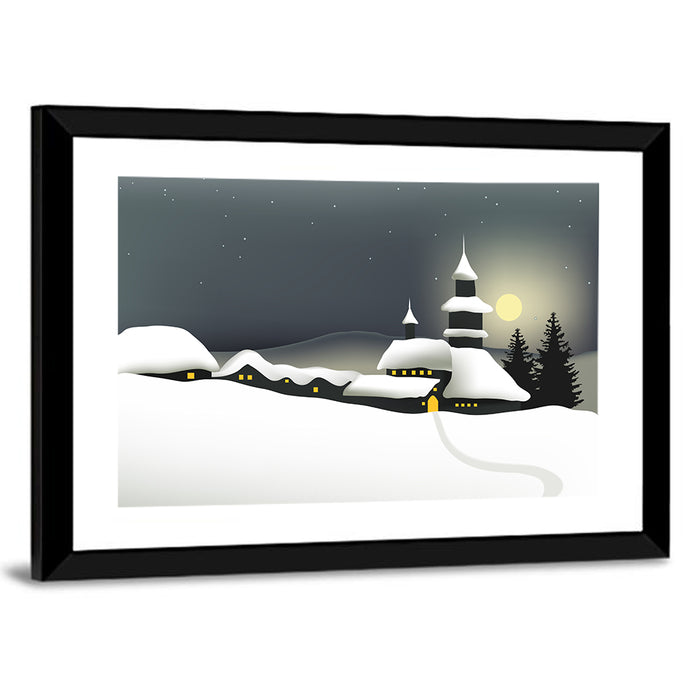 Moonlit Winter Village Illustration Wall Art as a framed print