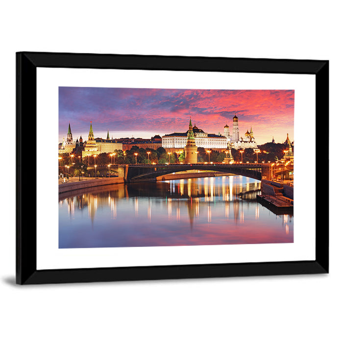 Moscow Kremlin Skyline at Twilight Wall Art as a framed print