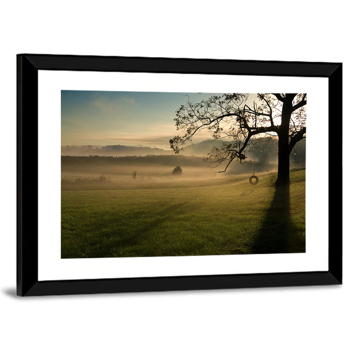 Tire Swing in Morning Mist Wall Art as a framed print